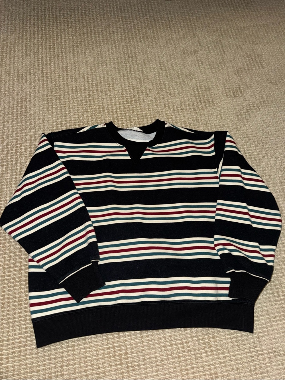 Men's Black Crewneck Sweater with Multicolor Stripes